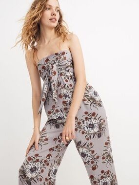 Madewell Strapless Tie Front Jumpsuit in Painted Blooms Floral Jumpsuit Purple 2